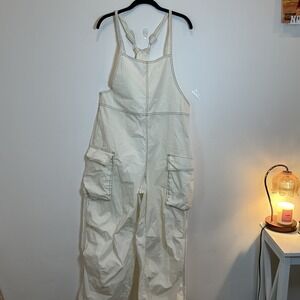 BDG Cargo Overalls Women Large White Contrast Stitch Utility Bungee Hem